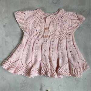 Vintage Hand Knit Baby Sweater Dress Pink Pointelle Lace Knit Cottagecore 6–9 M